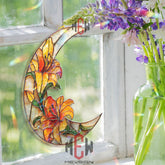 Crescent Moon Lily Acrylic Suncatcher, Stained Glass Style Orange Yellow Floral Window Hanging, Elegant Flower Home Decor Gift